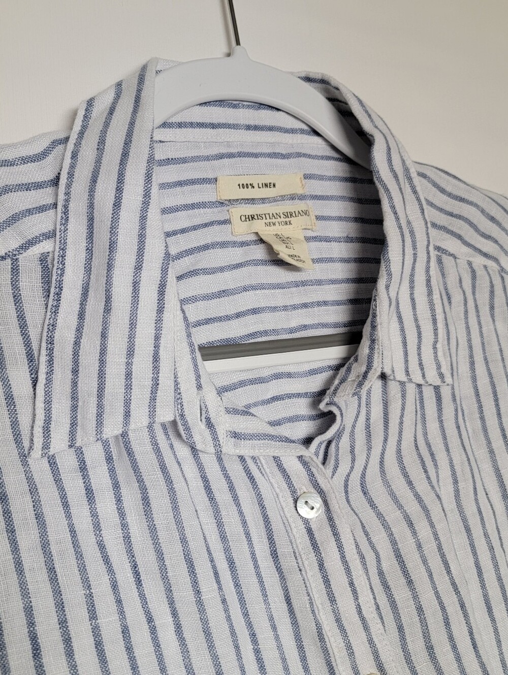 Christian Siriano White and Gray Striped Button-Down 100% Linen Shirt - Picture 5 of 12